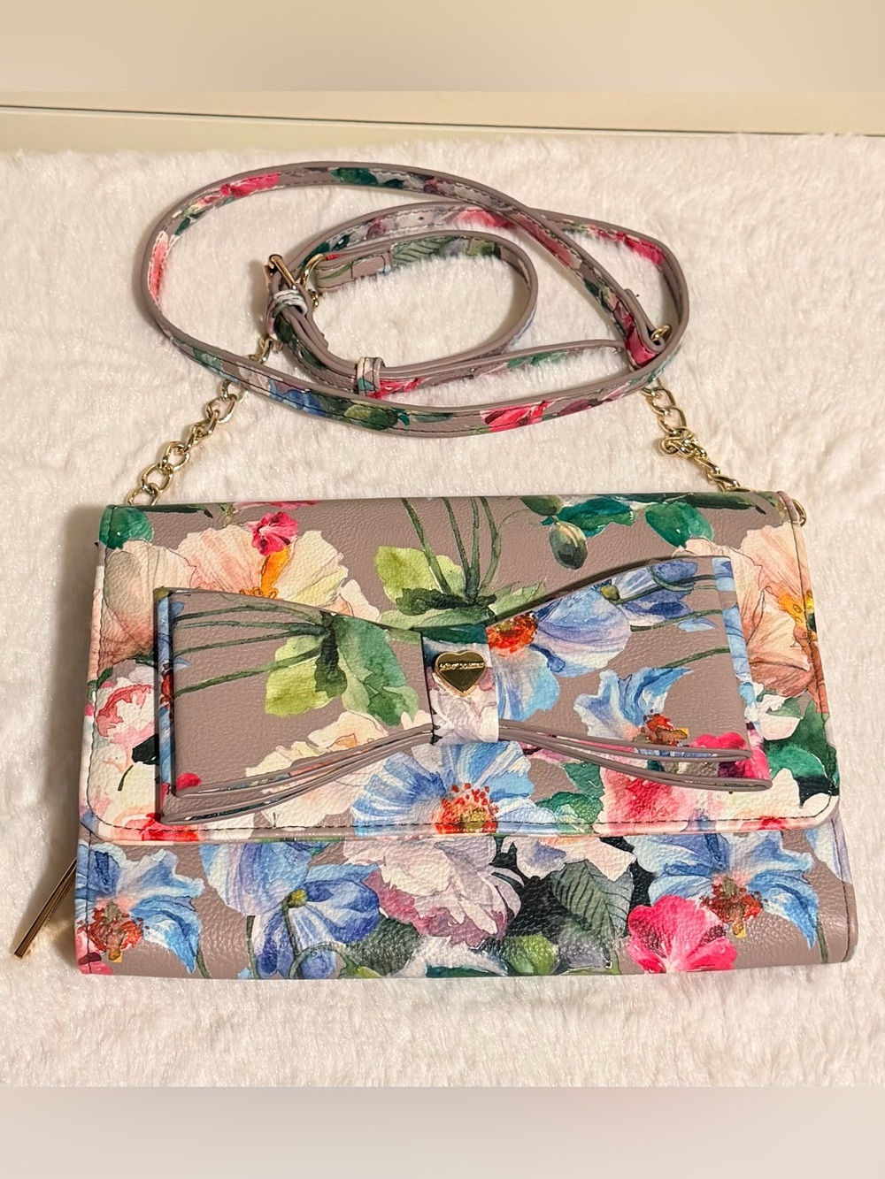 Betsey Johnson Floral Bow Crossbody Bag - Taupe Grey Multicolor